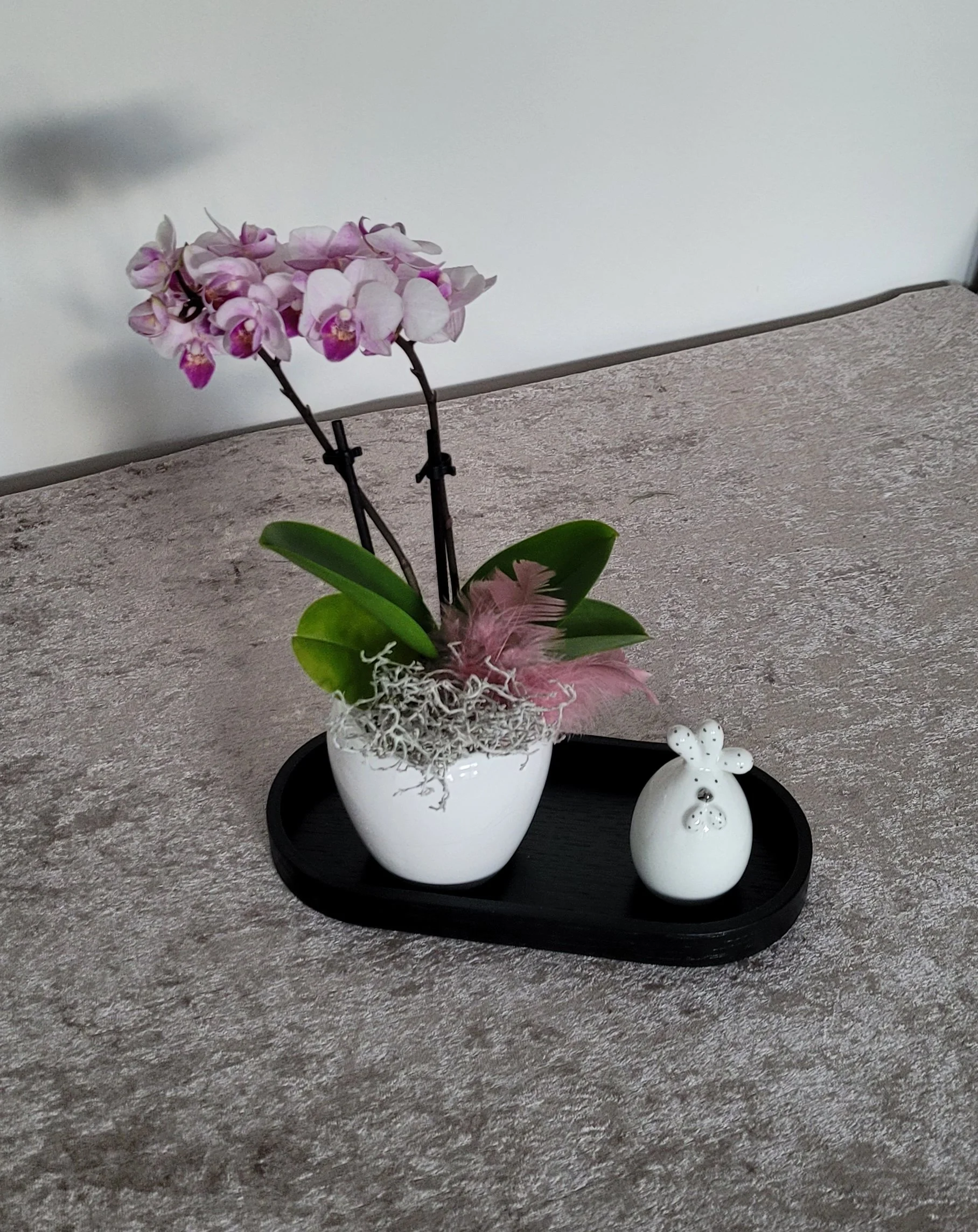 Mini-Orchidee mit Porzellanhuhn auf Holztablett