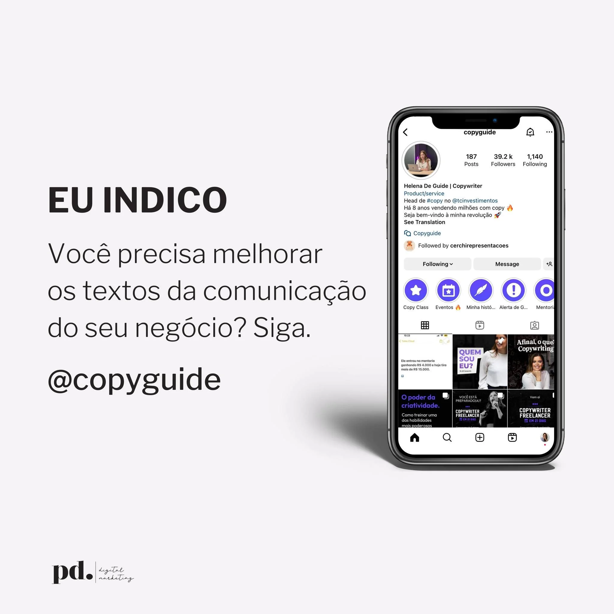 Descobri a Helena do @copyguide tem pouco tempo mas j&aacute; adoro o perfil dela. O que funciona pra mim no jeito dela ensinar &eacute; que ela mostra como escrever de um jeito pr&aacute;tico e (o melhor na minha opini&atilde;o) estruturado. &Eacute