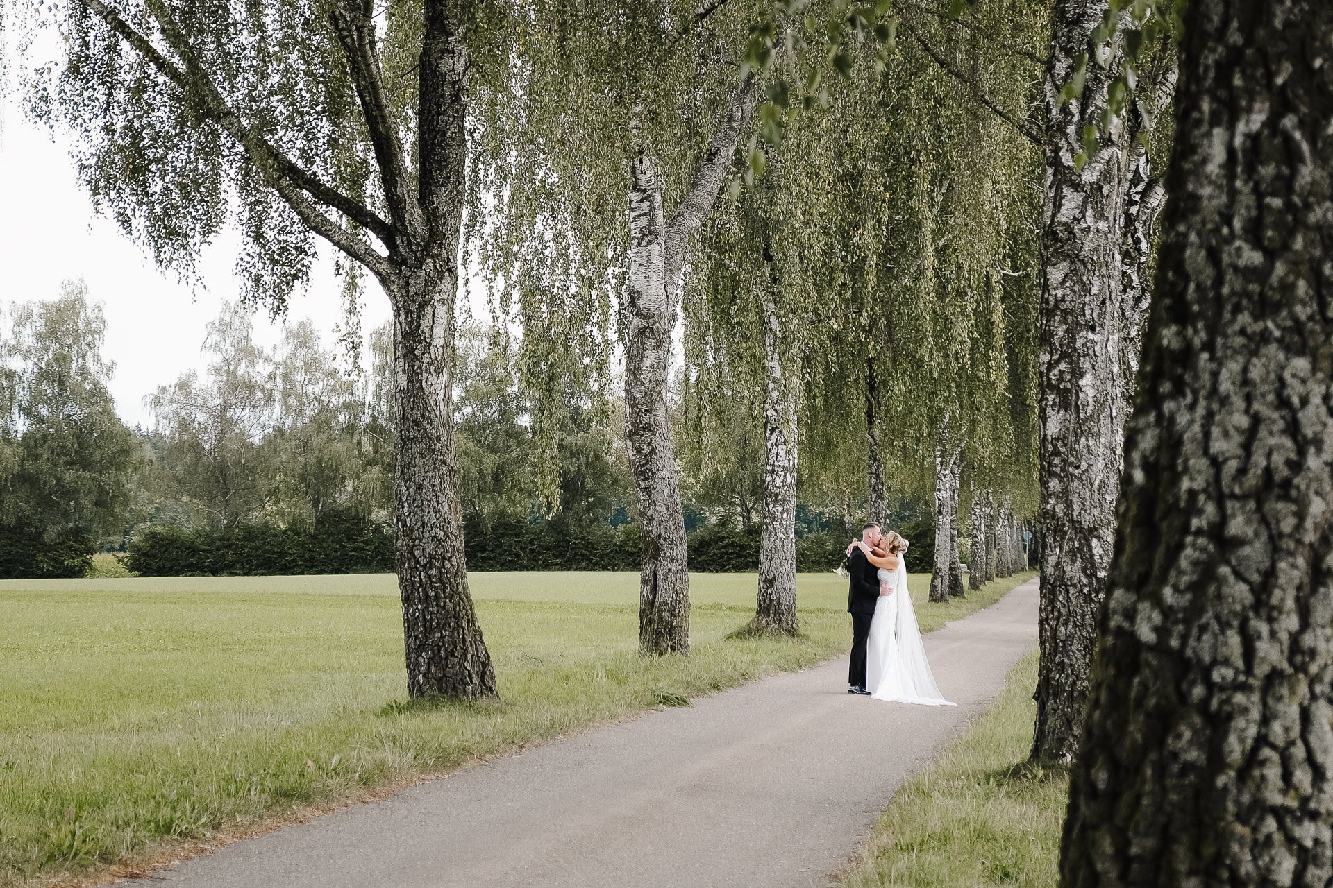 Ein Hochzeitspaar steht auf einer Allee bei Thannhausen im Landkreis Günzburg und küsst sich leidenschaftlich