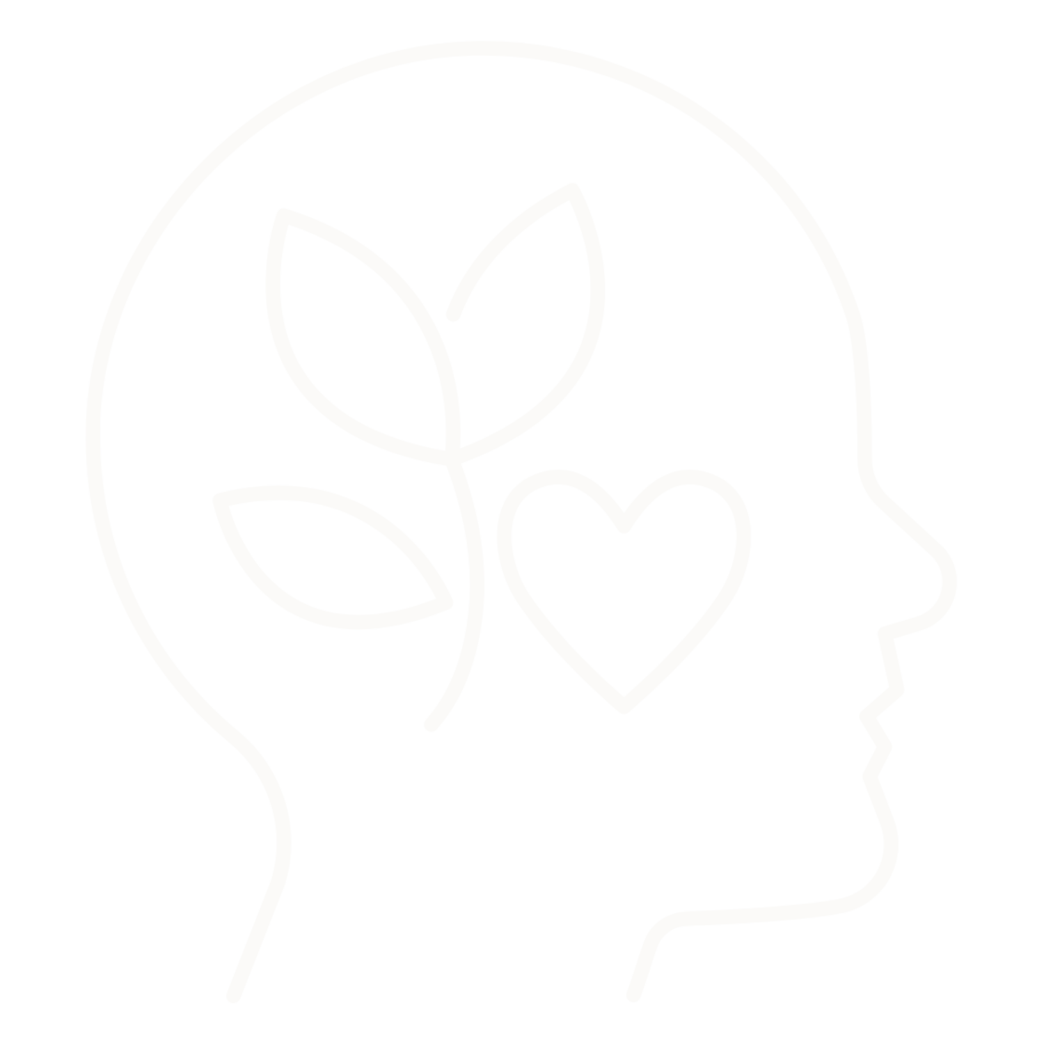 Outline of a human head in profile with a leaf, heart, and plant inside.