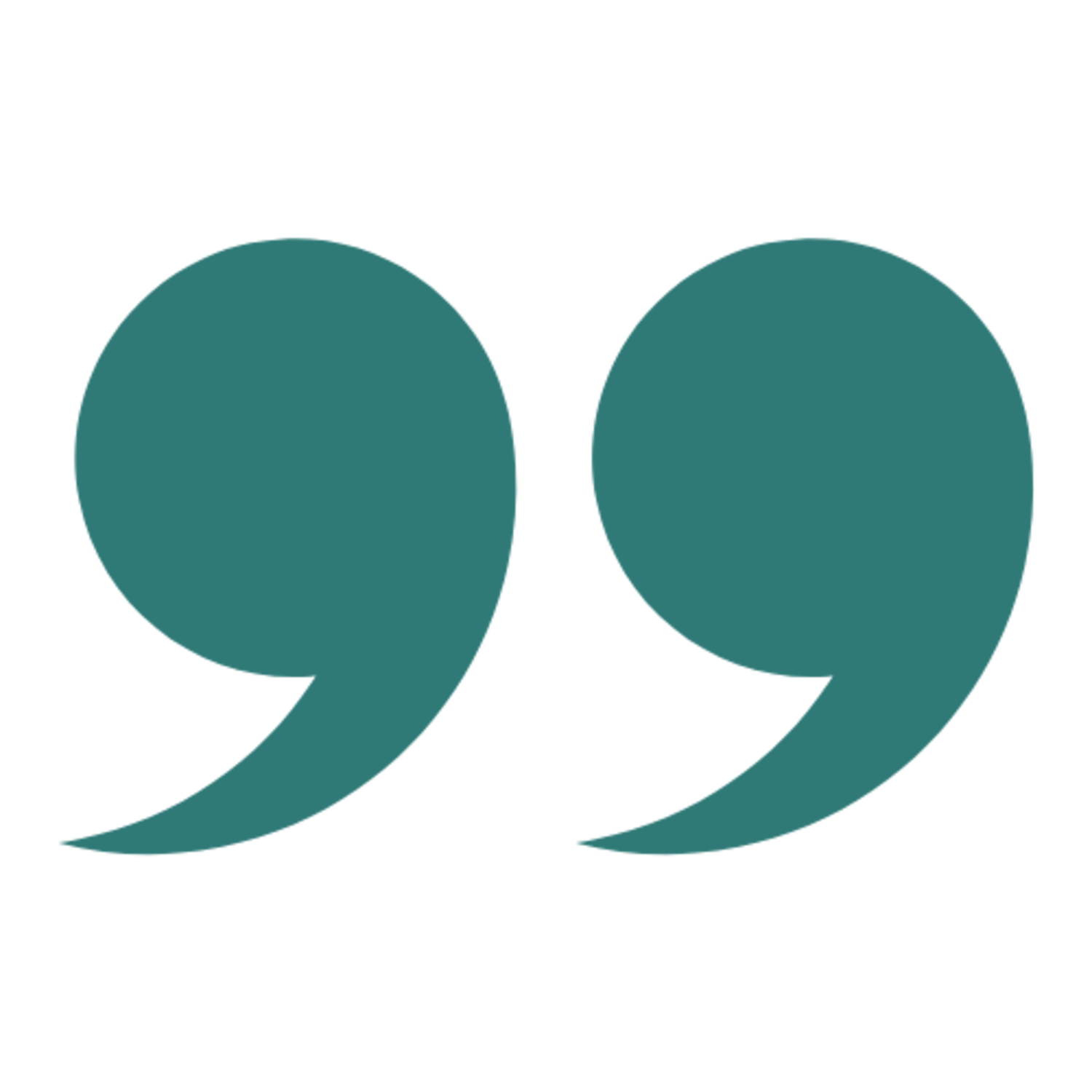 Two teal quotation marks in a stylized design on a black background.