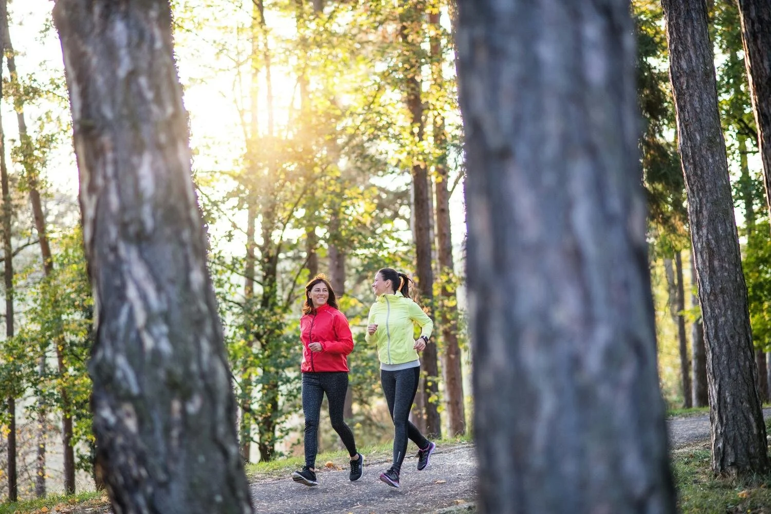Two women jogging on a trail in a forest during sunset, wearing colorful jackets and leggings.