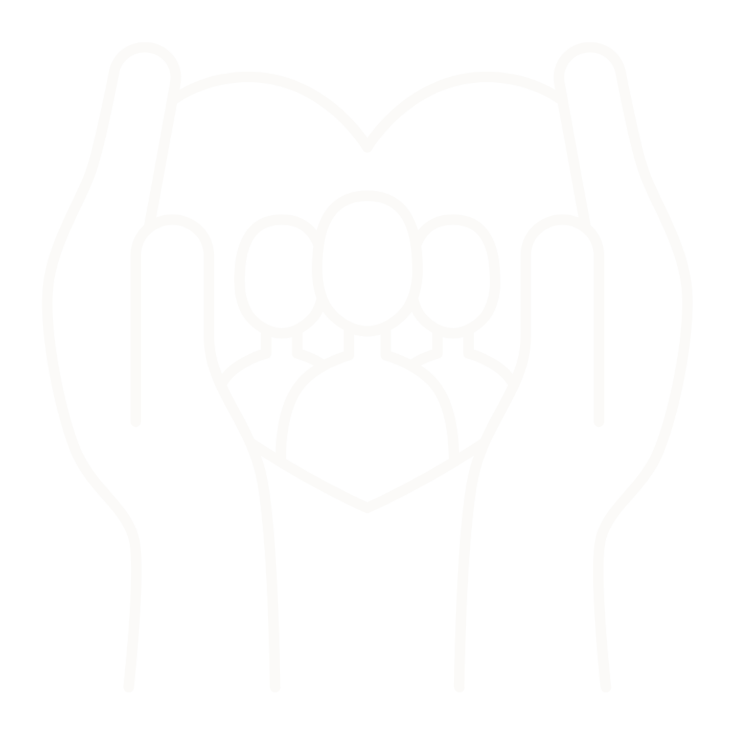 Neon sign of two hands holding a heart with three connected figures inside.