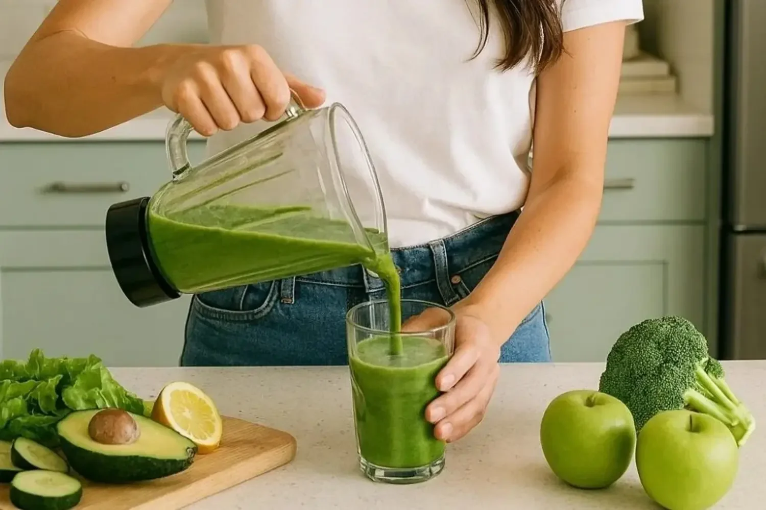 A person pouring green vegetable smoothie from a blender into a glass in a kitchen, with fresh fruits and vegetables like apples, broccoli, cucumber, lemon, and avocado on the counter.
