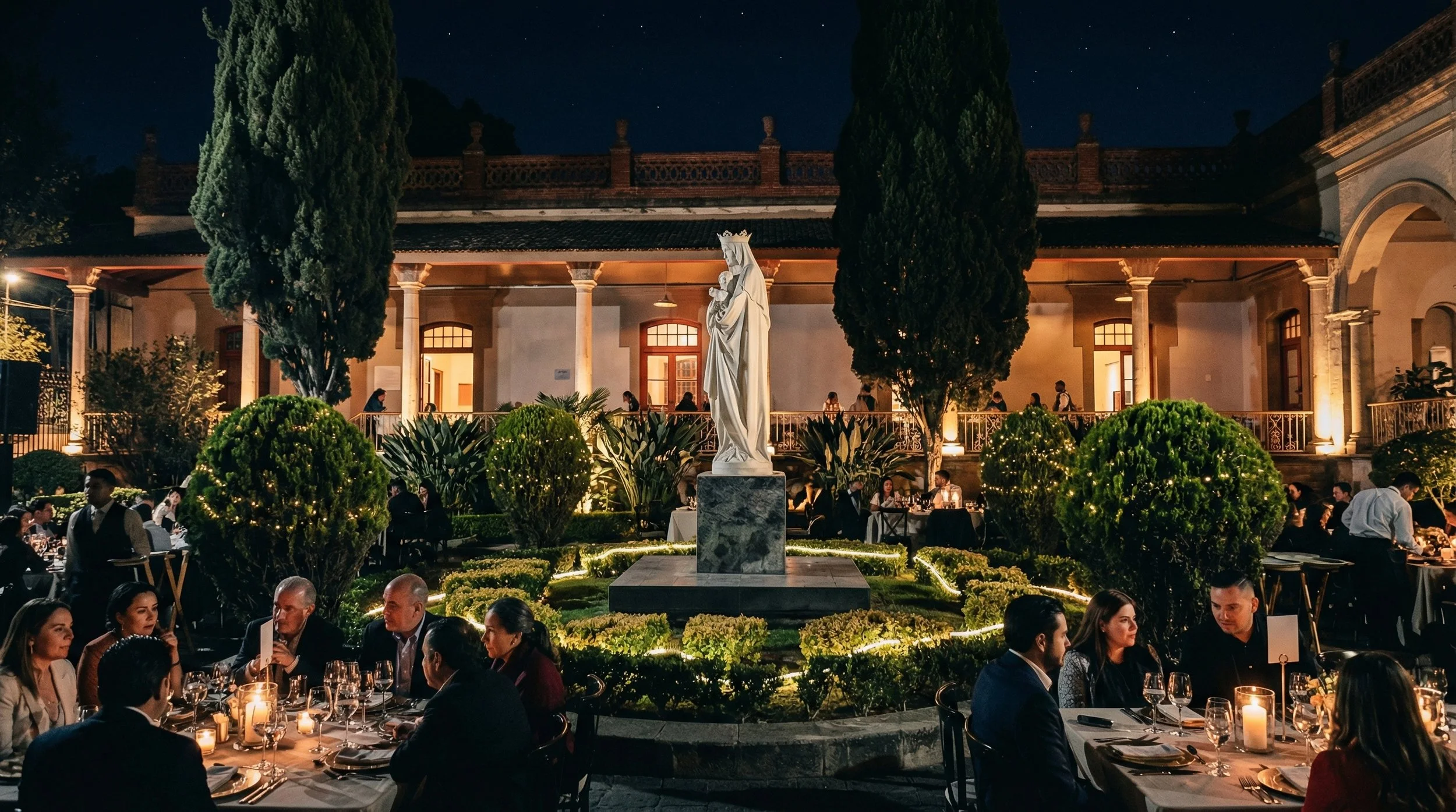 Cena nocturna en un evento formal en un patio con jardines, mesas con velas y personas sociales. En el centro, una estatua de una figura femenina, rodeada de arbustos y árboles iluminados.