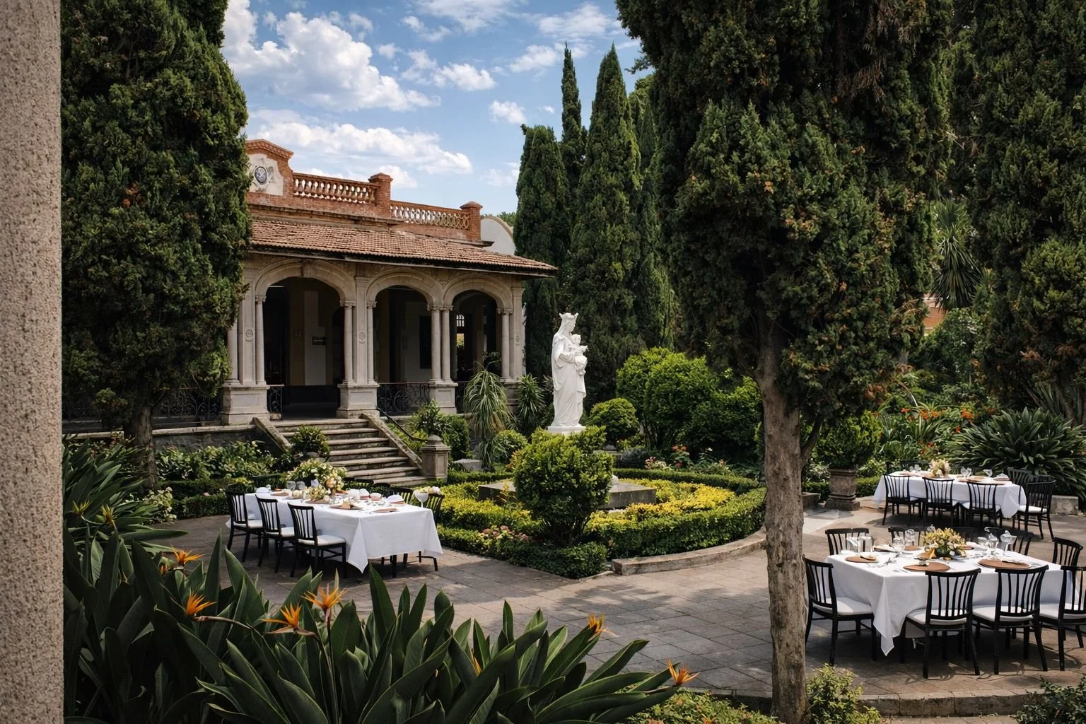 Jardín con mesas decoradas con manteles blancos y sillas negras, en un entorno elegante con árboles grandes, una estatua y una construcción antigua de fondo.
