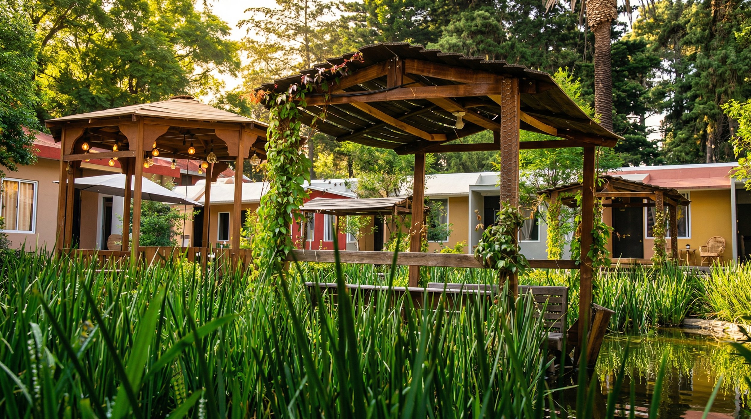 Cabañas y pérgolas de madera en un jardín con vegetación y un estanque, rodeadas de árboles altos.
