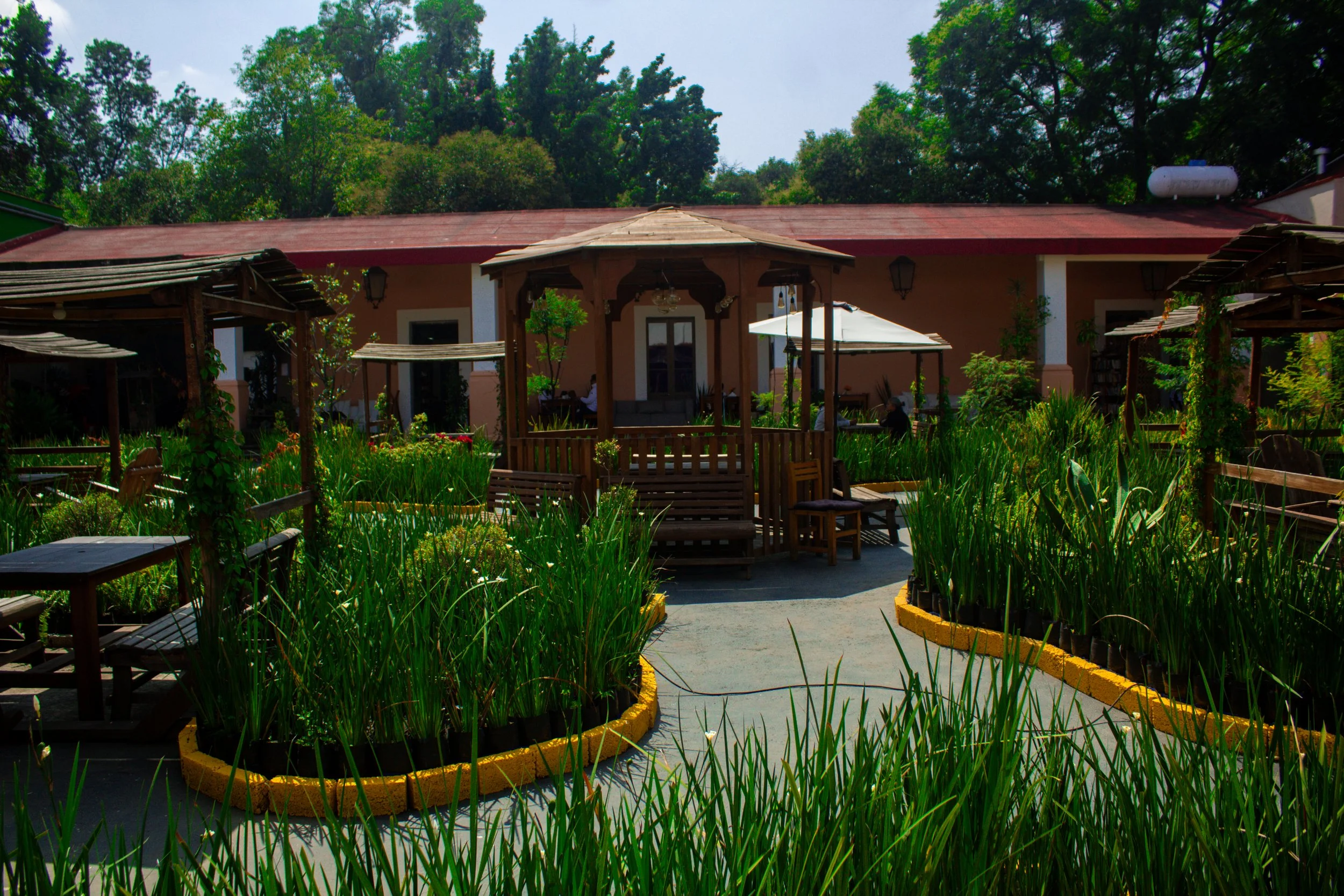 Jardín con caminos y mobiliario de madera, en un fondo una casa con amplio patio, rodeada de árboles verdes.