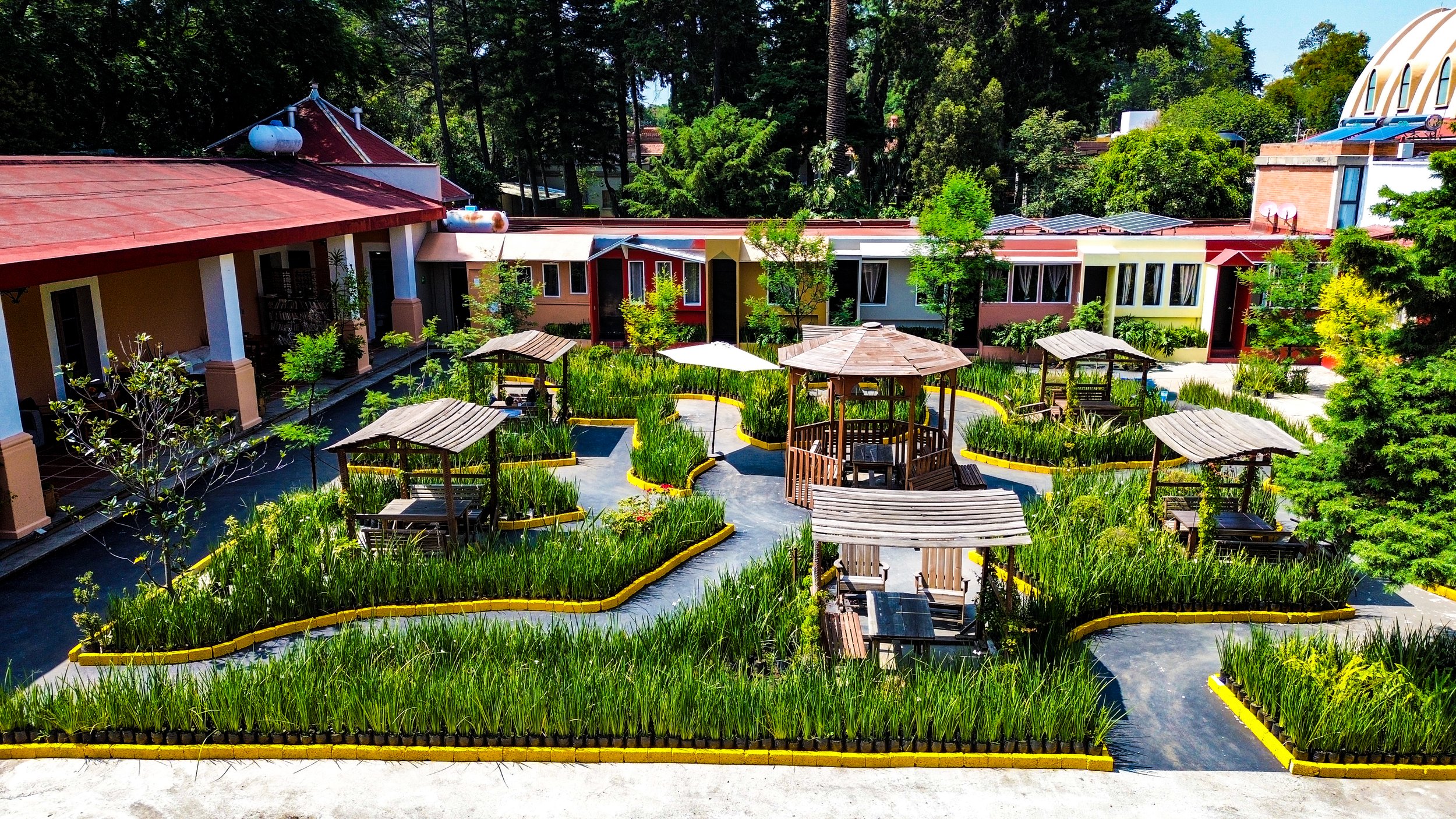 Un jardín con caminos curvos, áreas con plantas y cabañas de madera en un entorno verde, con casas coloridas en el fondo.