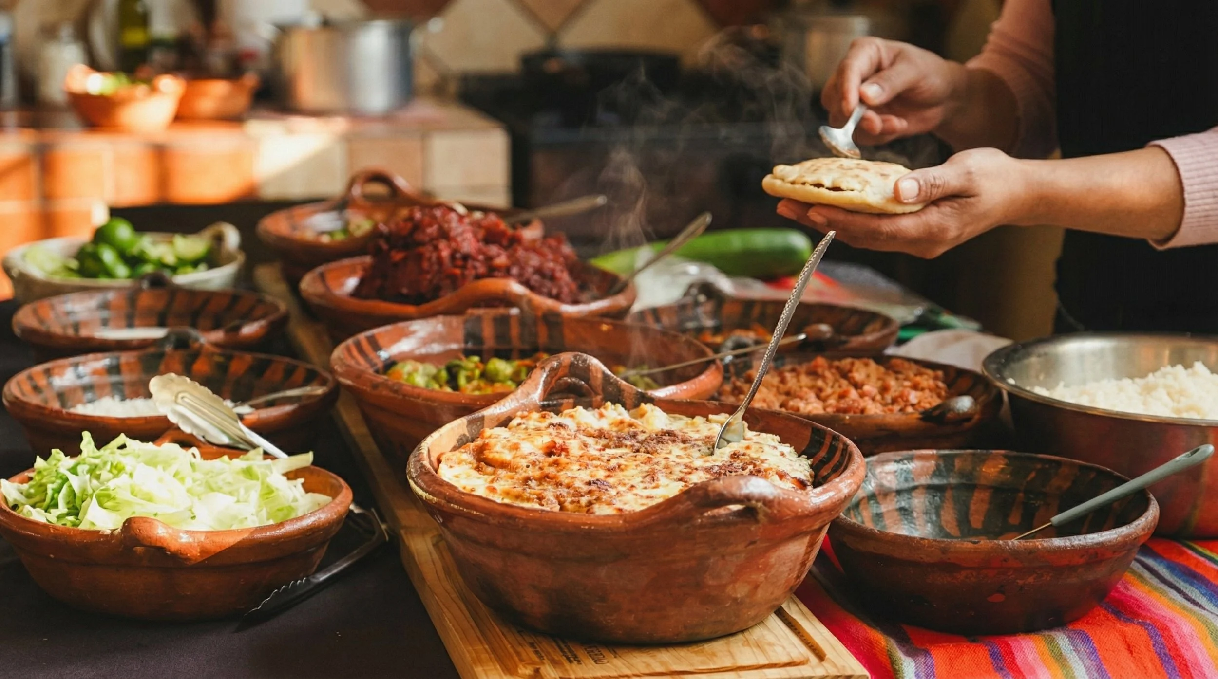 Mesa con diversas cazuelas de alimentos tradicionales mexicanos, incluyendo una de pizza, verduras y salsas, con una persona sirviendo comida sobre un plato.