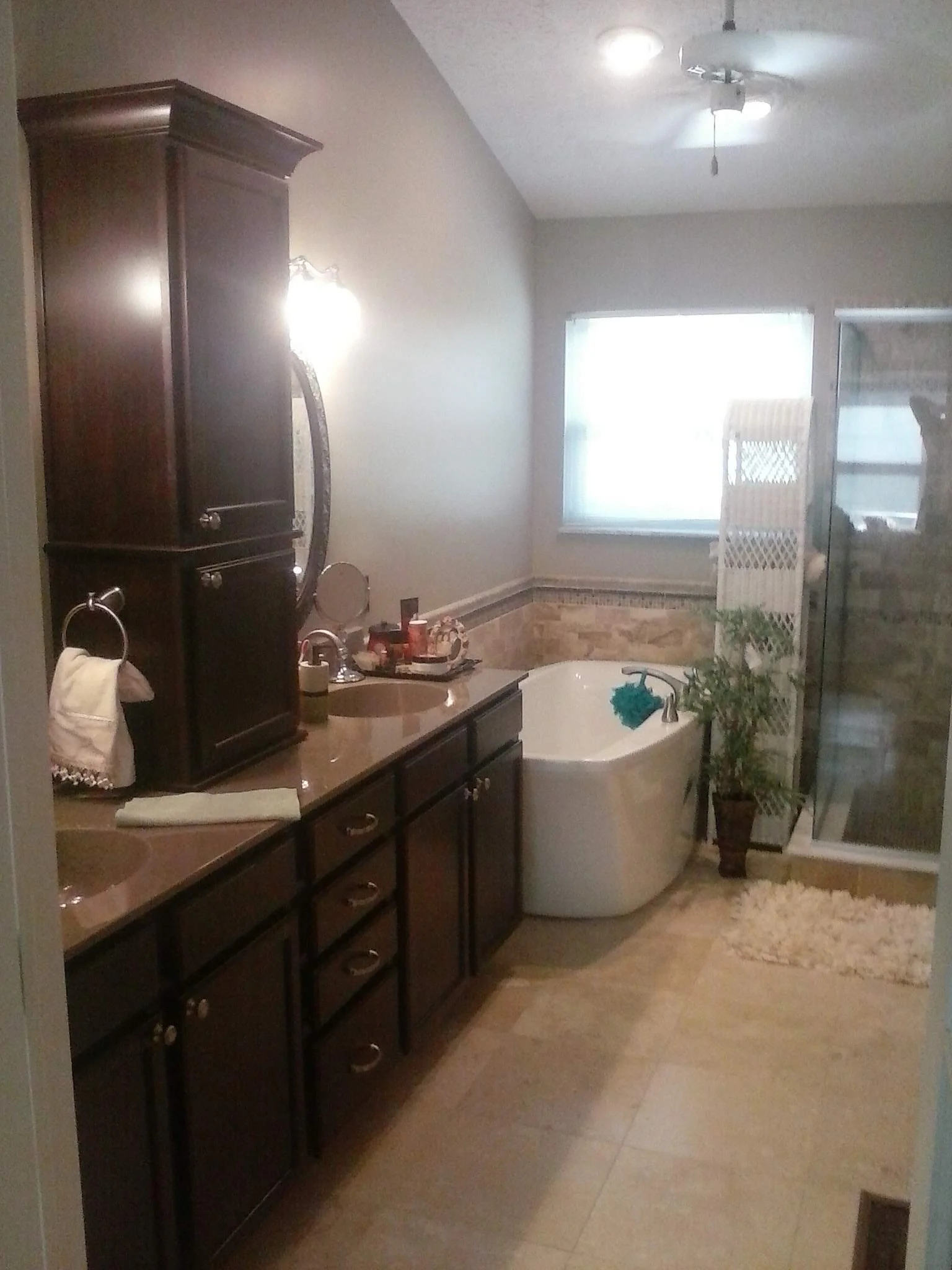 Bathroom with a dark wood vanity, a bathtub, a large window, a glass shower door, a potted plant, and a white shaggy rug.