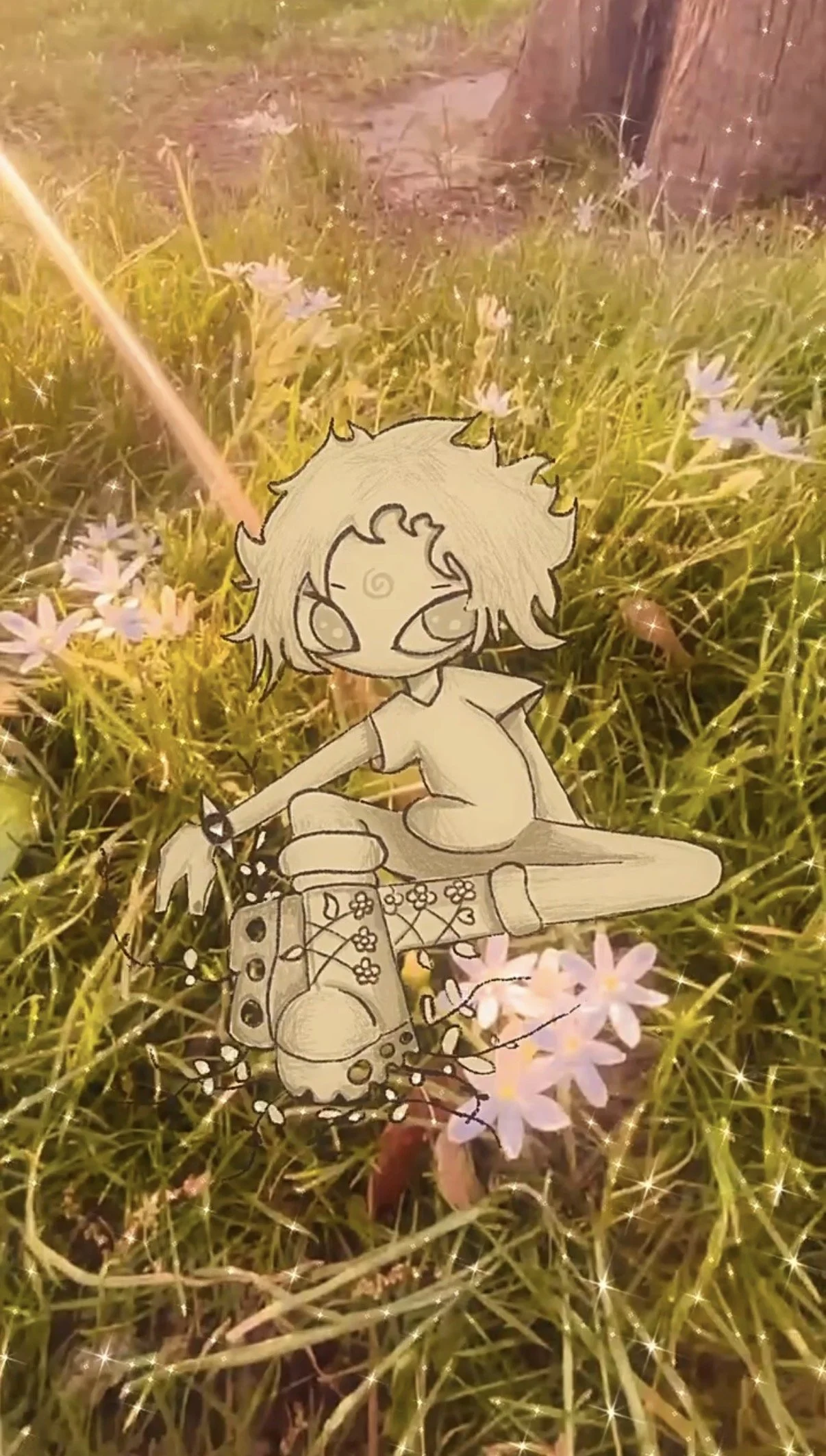 A hand-drawn cartoon character with spiky hair, sitting on a skateboard among pink flowers and grass, with a tree trunk in the background.