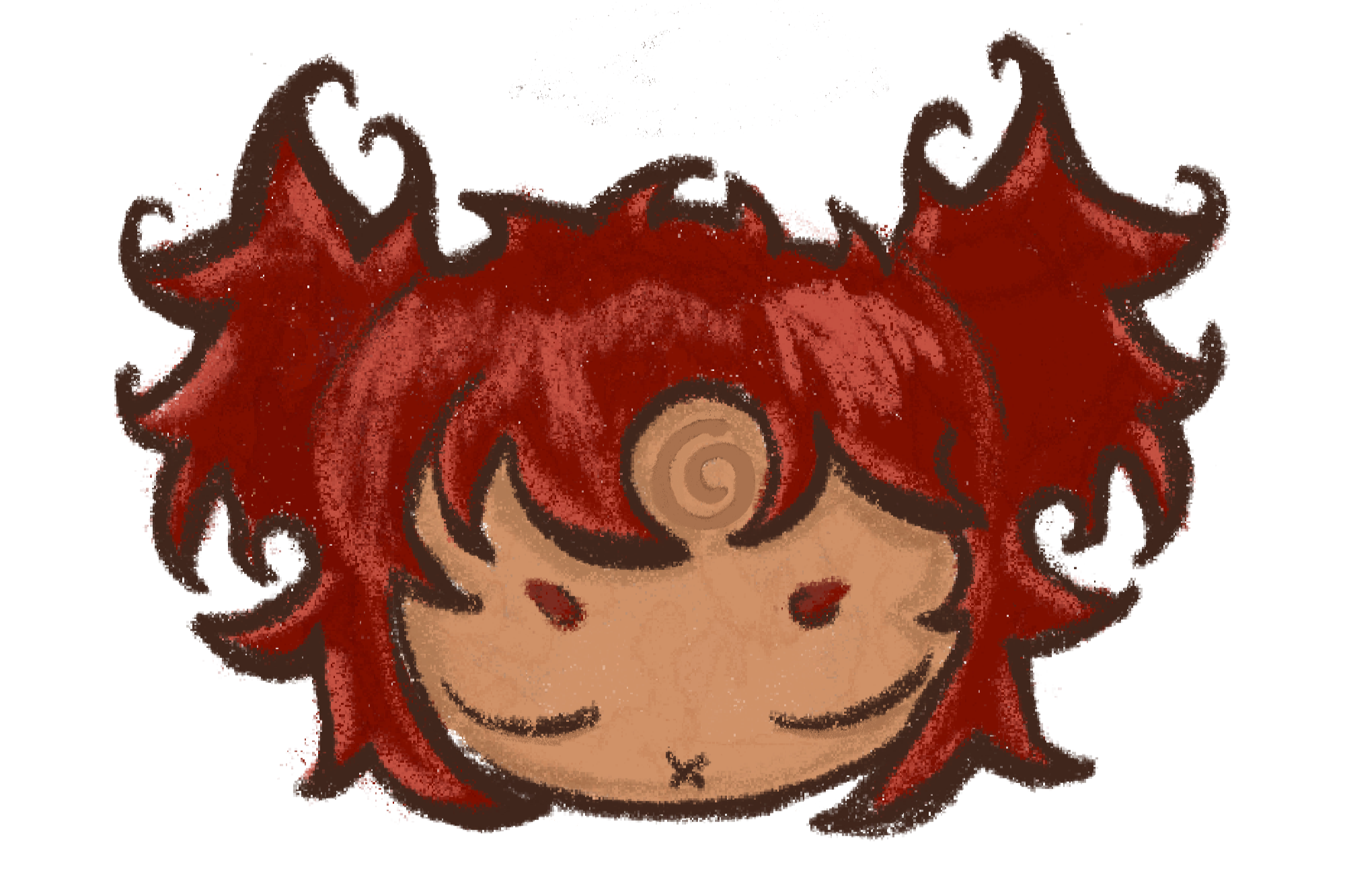 Cartoon drawing of a girl with red, spiky hair, closed eyes, and a smile, with a spiral design on her forehead.