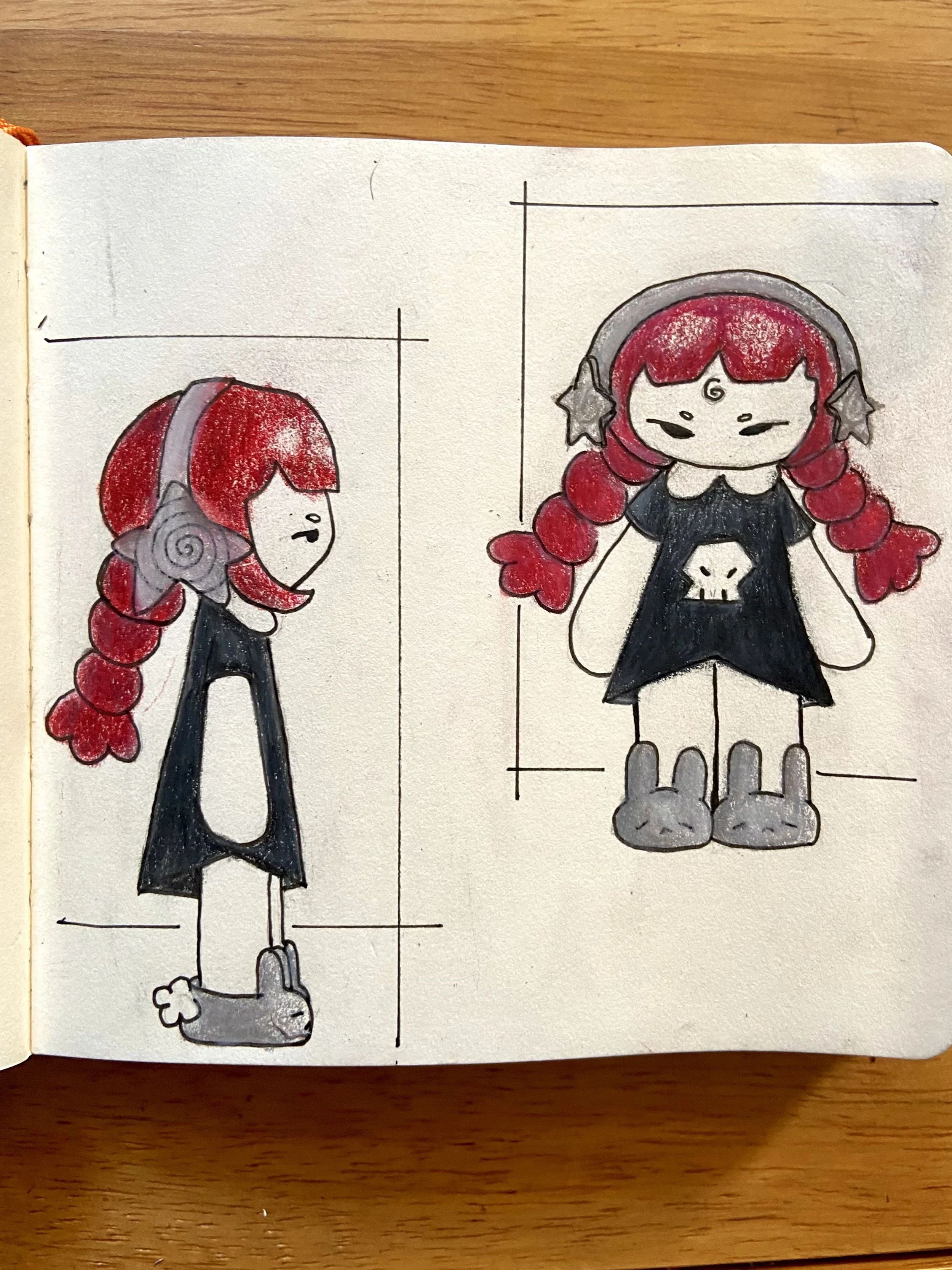Sketch of a girl with red braided hair wearing a black dress with a skull print, large gray headphones with star-shaped details, and gray bunny slippers. The drawing shows her from two angles, side and front.
