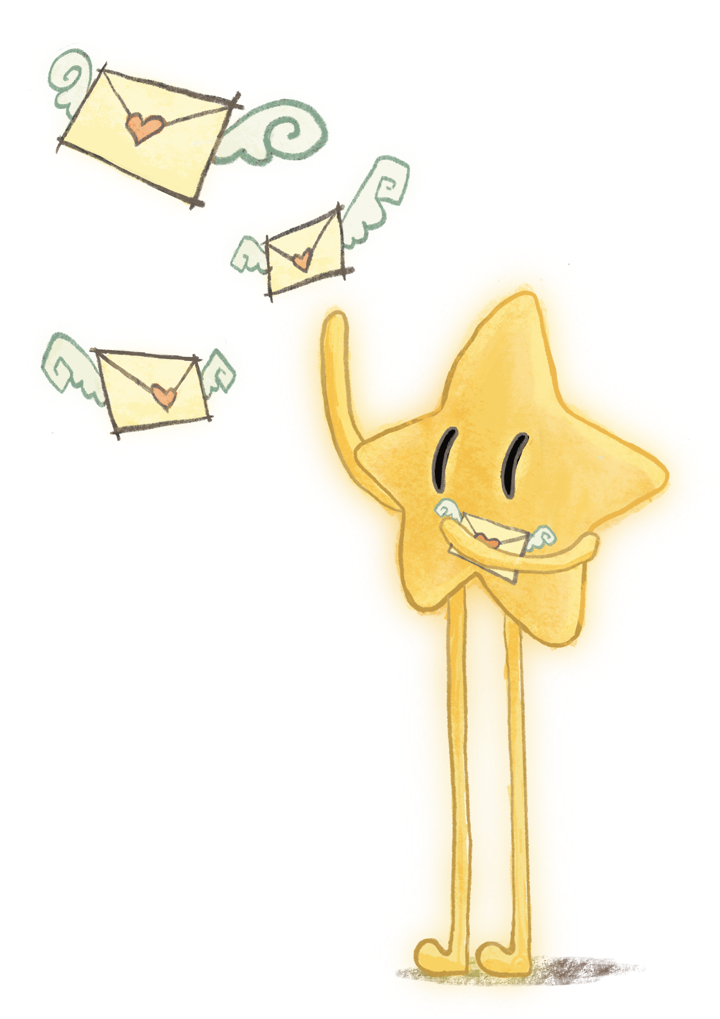 A cheerful, cartoonish star character with a smiling face, holding a letter with a small heart, surrounded by three more similar letters with wings.