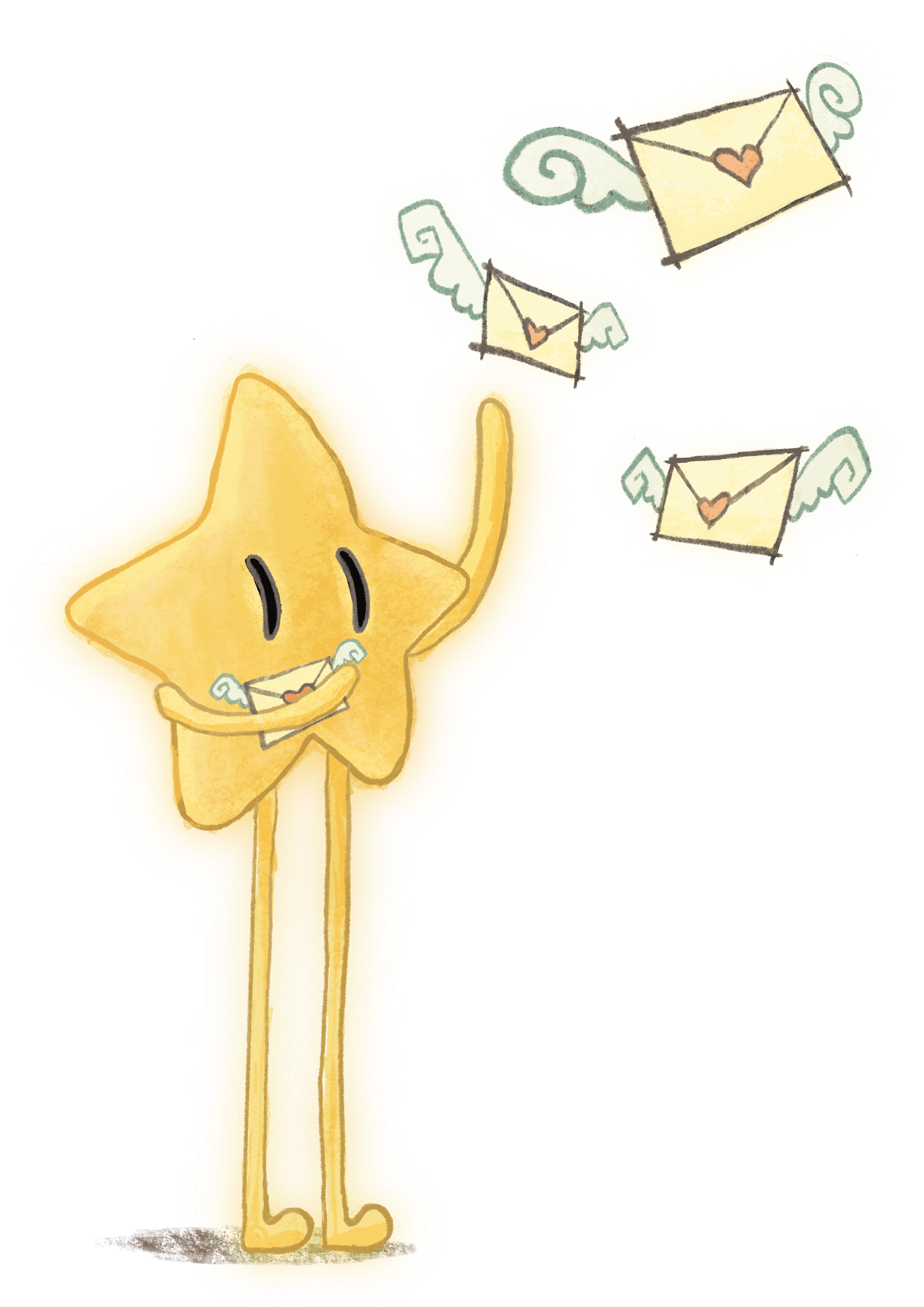 A cartoon star character with a smiling face holding a letter with wings, surrounded by additional letter icons with wings, indicating sending or receiving messages.