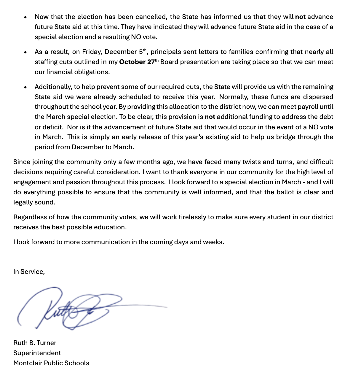 Superintendent Turner has put out a statement on December 8