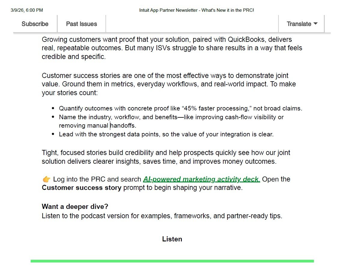 Screenshot of the December 2025 IAPP Amplify newsletter featuring an article on customer success storytelling for QuickBooks integration partners.