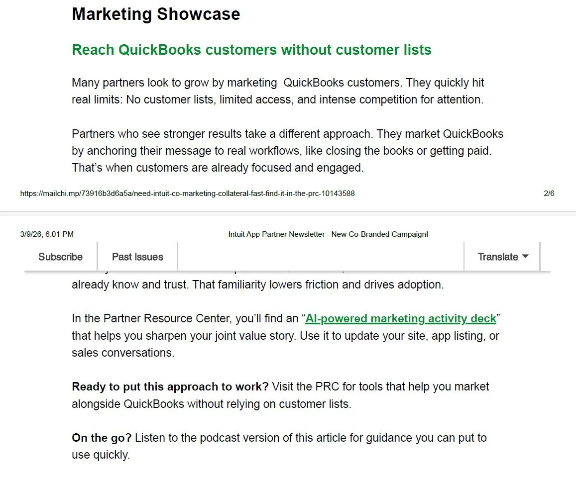 Screenshot of the February 2026 IAPP Amplify newsletter featuring an article on customer success storytelling for QuickBooks integration partners.