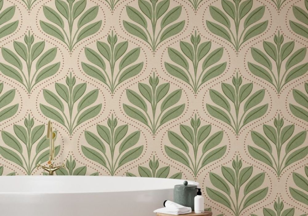Sage green stylized leaves arranged in an ogee layout wallpaper in bathroom