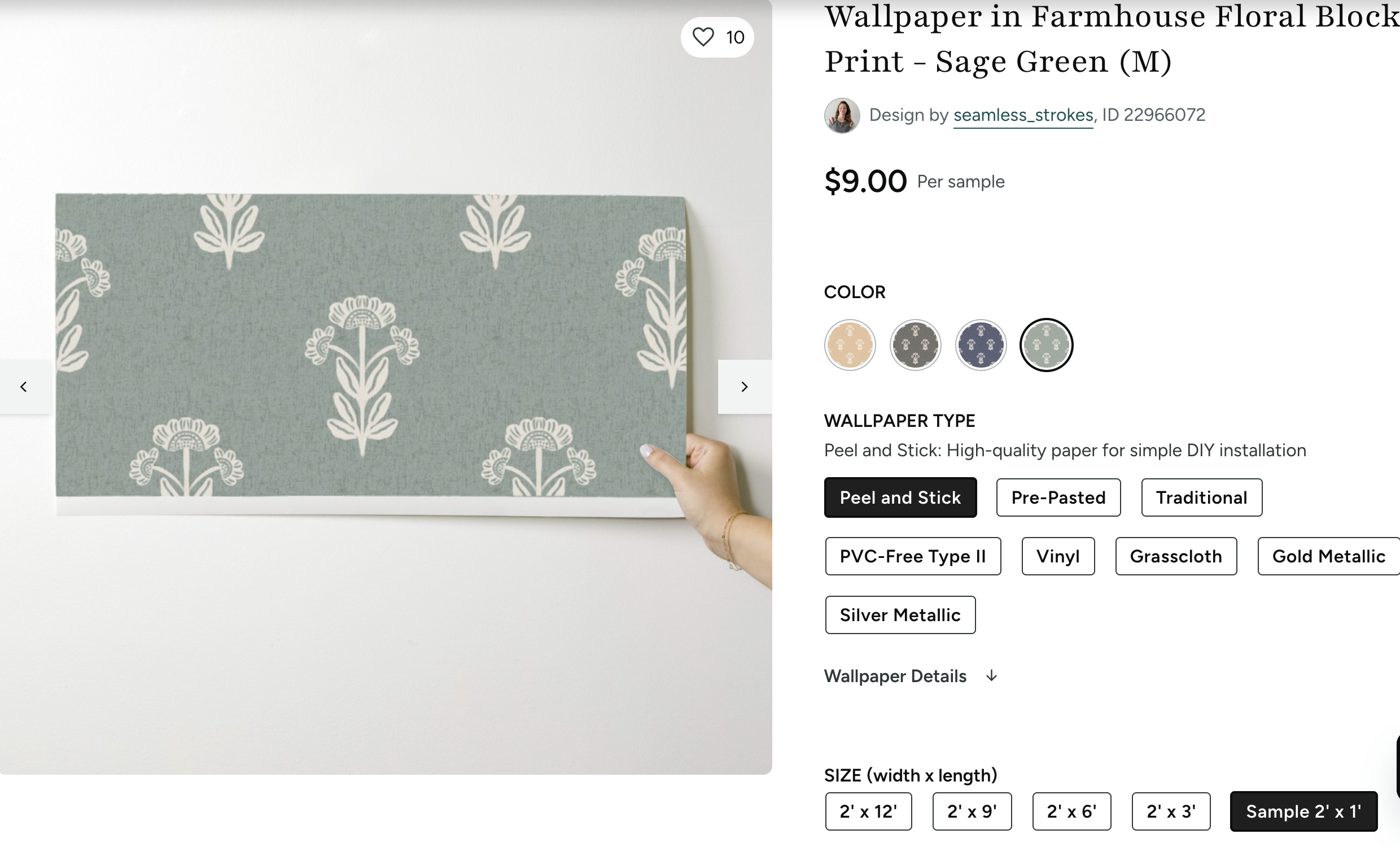 Block print style flowers on a sage green background with subtle linen texture wallpaper swatch