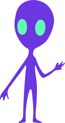Cartoon-style purple alien with large oval eyes and a small body, waving.