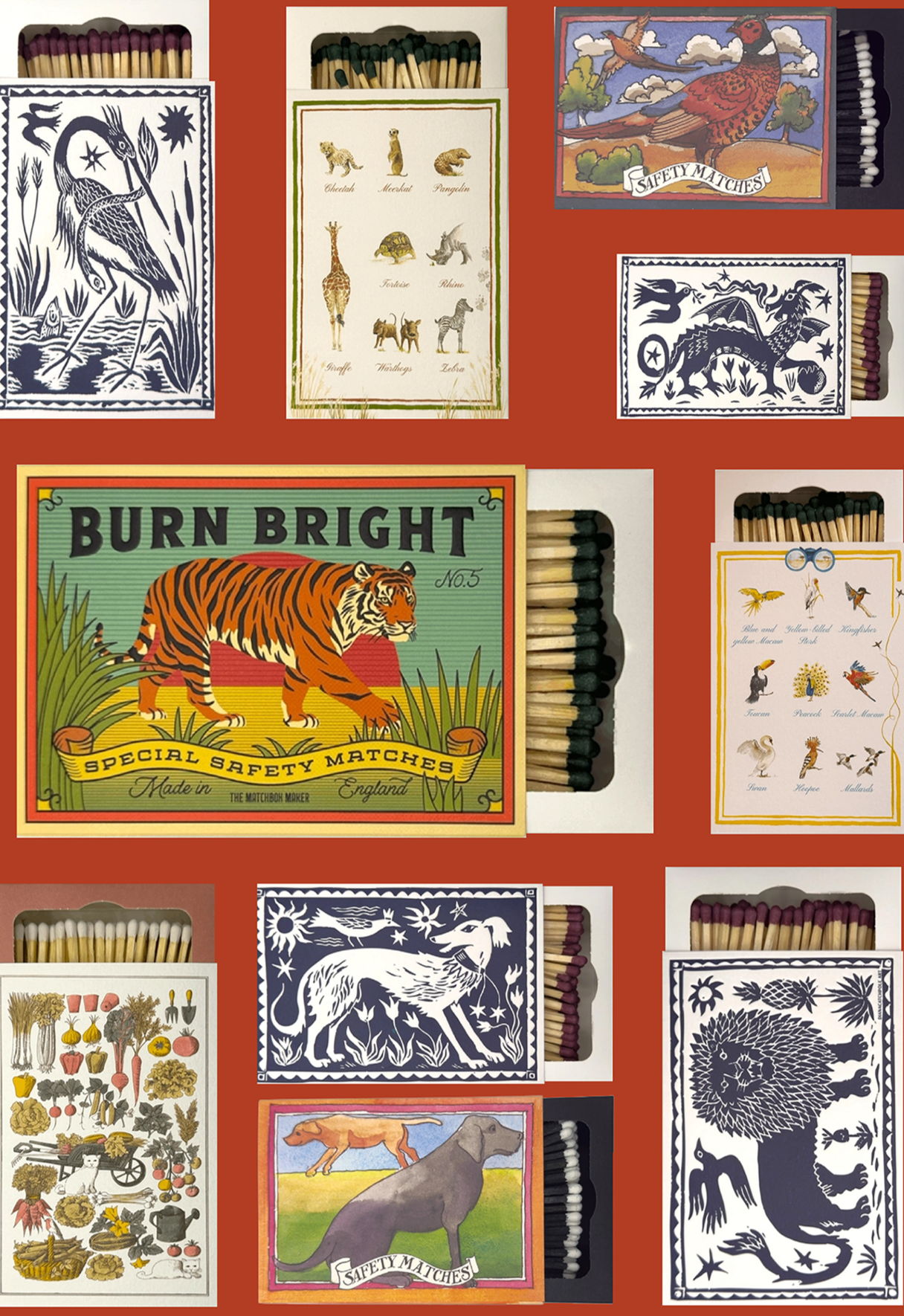 Collection of vintage matchbox covers featuring illustrations of animals and nature scenes, including a tiger with the text "BURN BRIGHT," a bird with the caption "SAFETY MATCHES," and various other animal and floral designs.