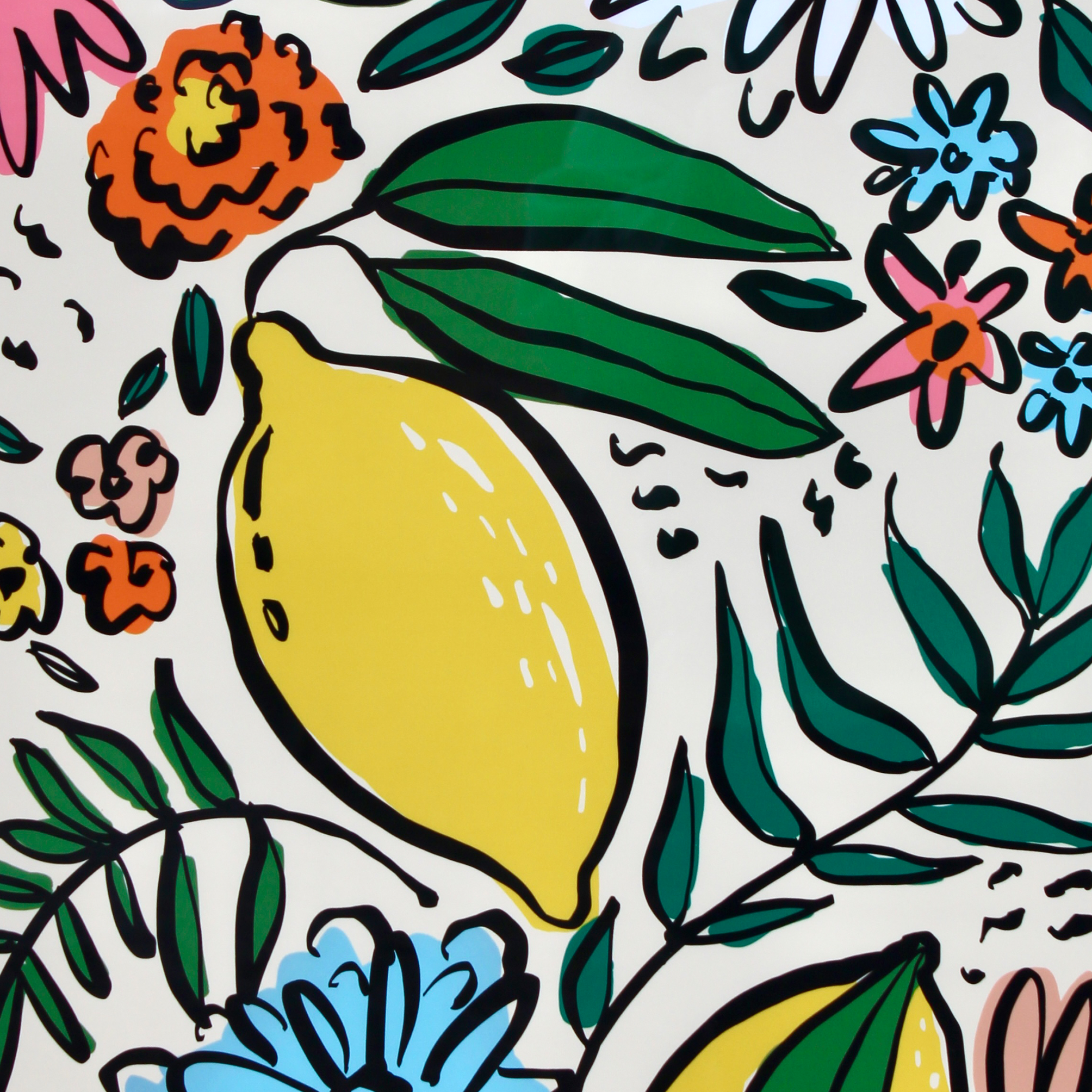 A colorful, stylized illustration of lemons, green leaves, and various flowers in shades of orange, pink, and blue on a white background.