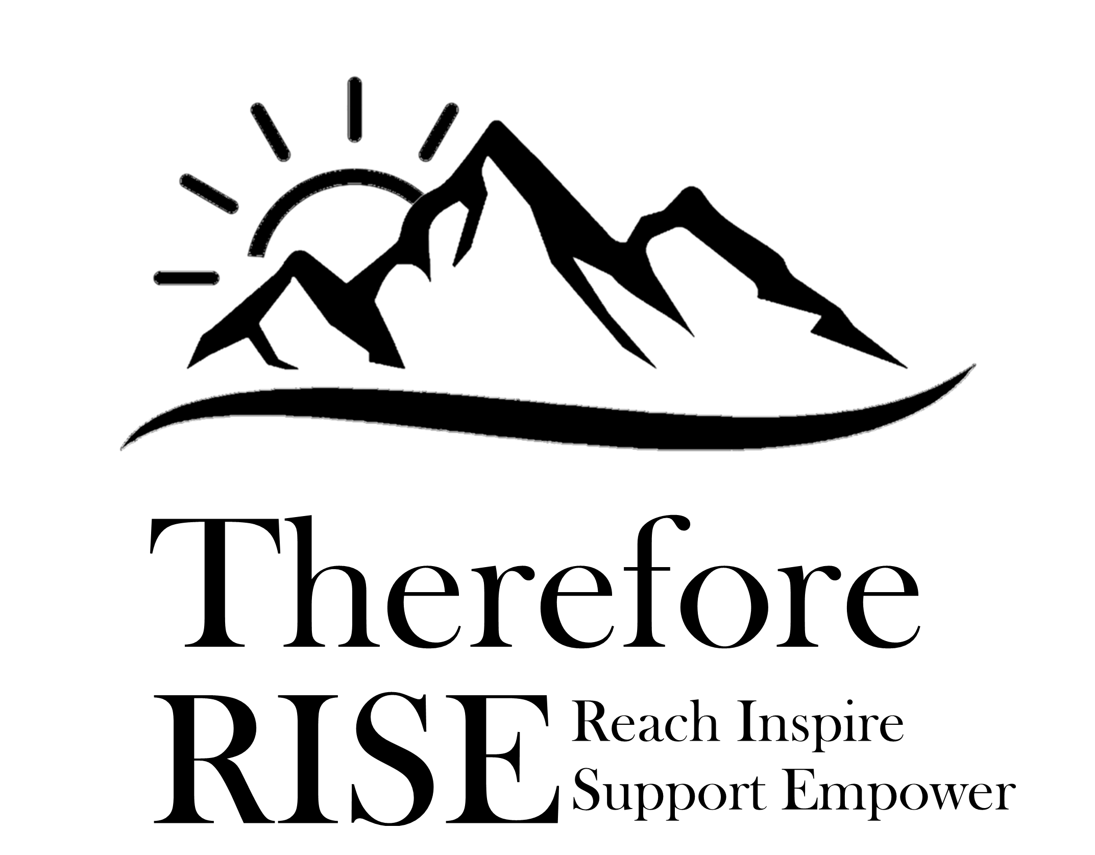 Outline drawing of mountains with the sun rising or setting behind them, and a curved line representing the ground or pathway beneath.