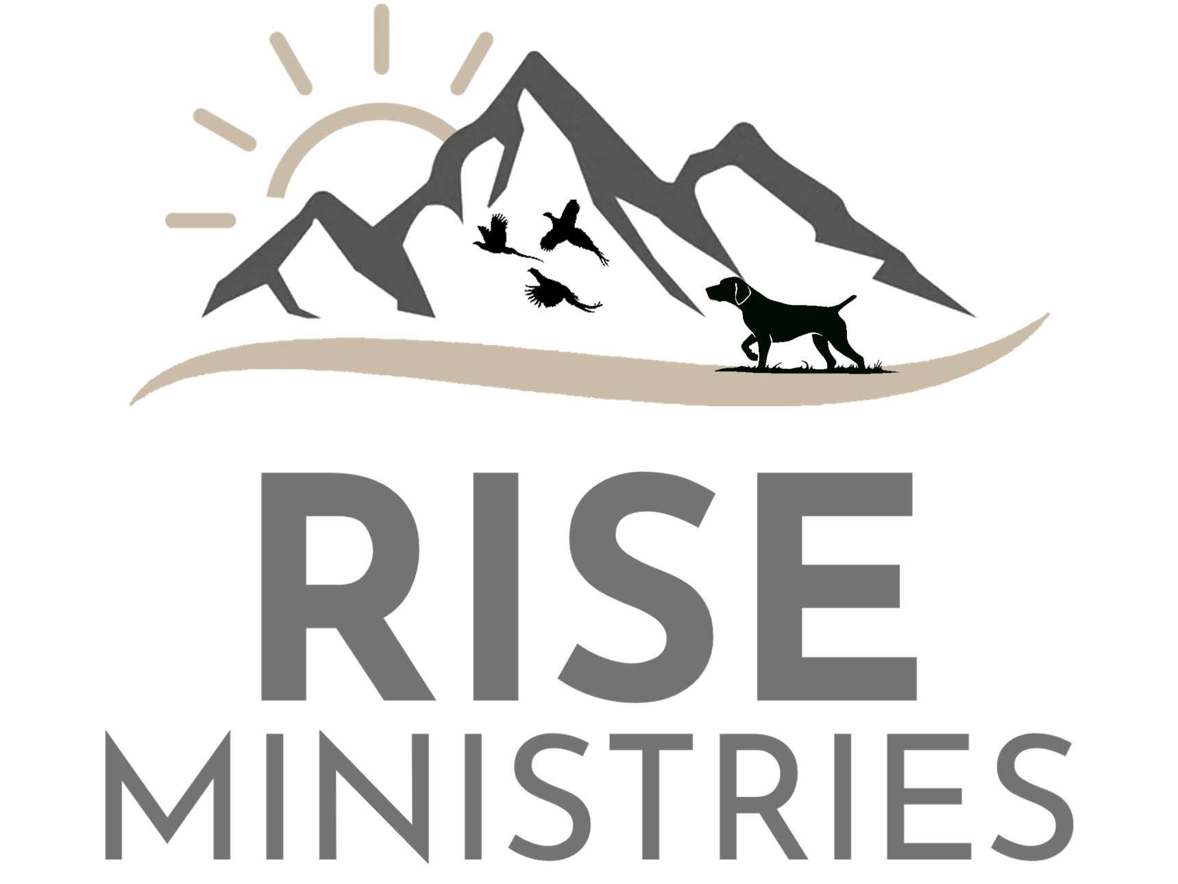 Logo for Rise Ministros featuring a mountain range with a rising sun, and the text 'RISE MINISTERS' with a subtitle 'Reaching Greater Spiritual Potential in Jesus Christ'.