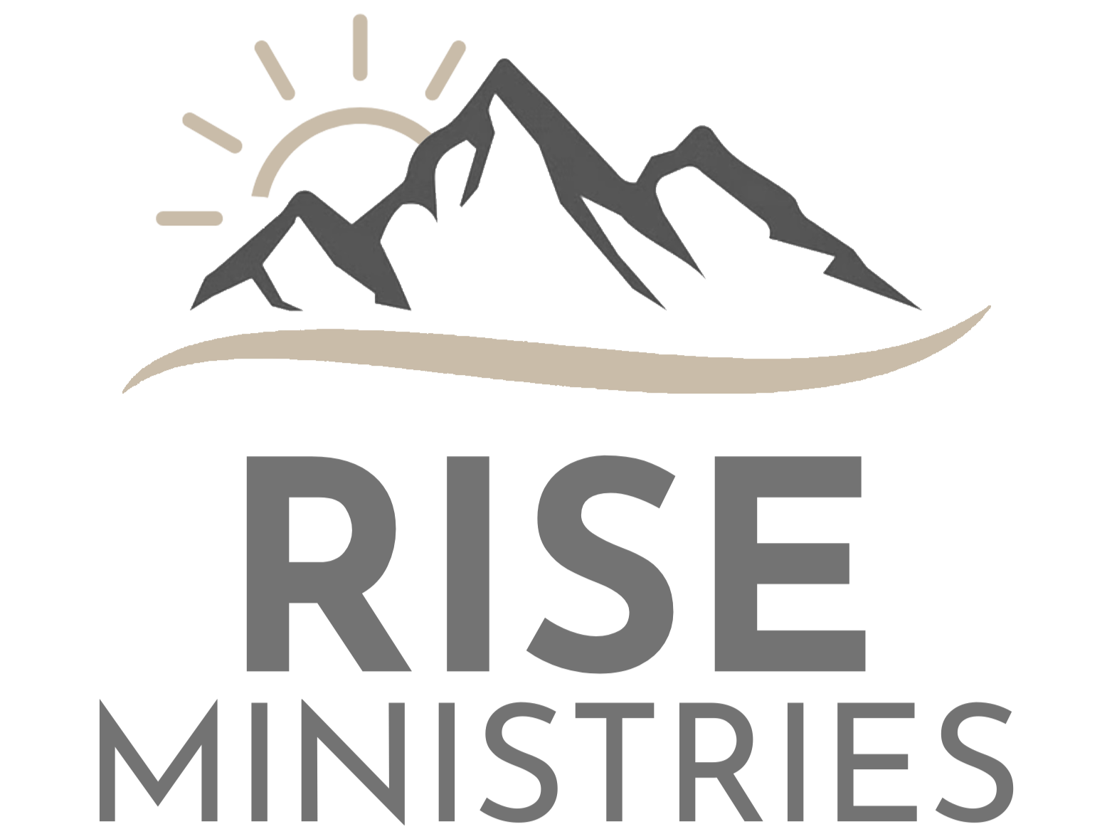 Logo of Rise Ministries with mountains, sun, and slogan 'Reach. Inspire. Support. Empower.'