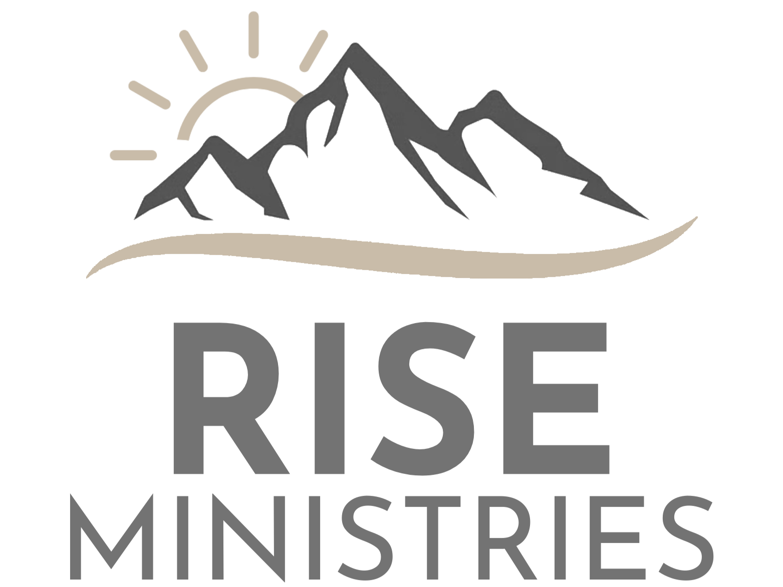 Logo of Rise Ministries featuring mountains, a sun, and the slogan "Reach. Inspire. Support. Empower."