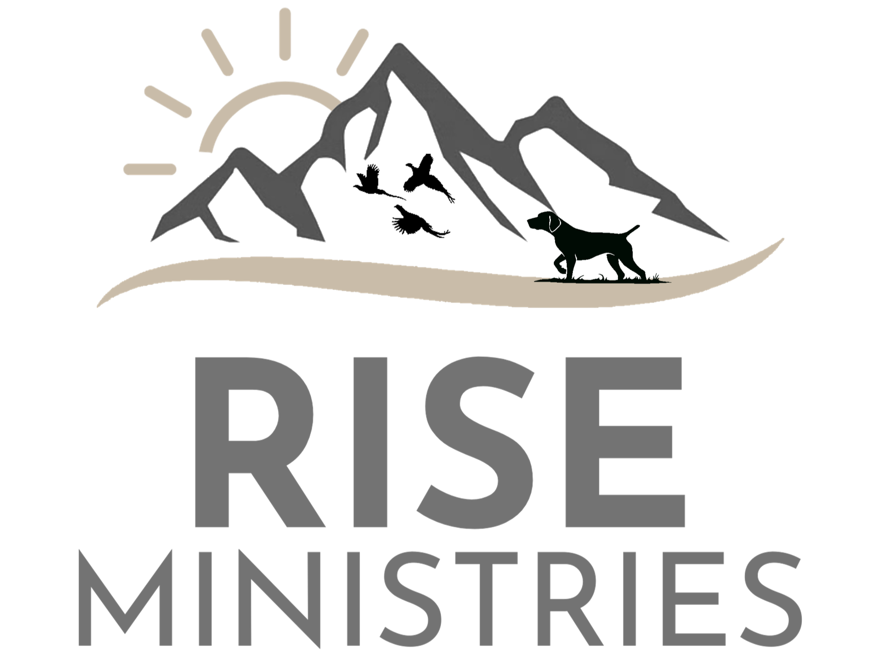Logo featuring mountain peaks, a sun, and the words "Rise Mountains" with a tagline underneath.