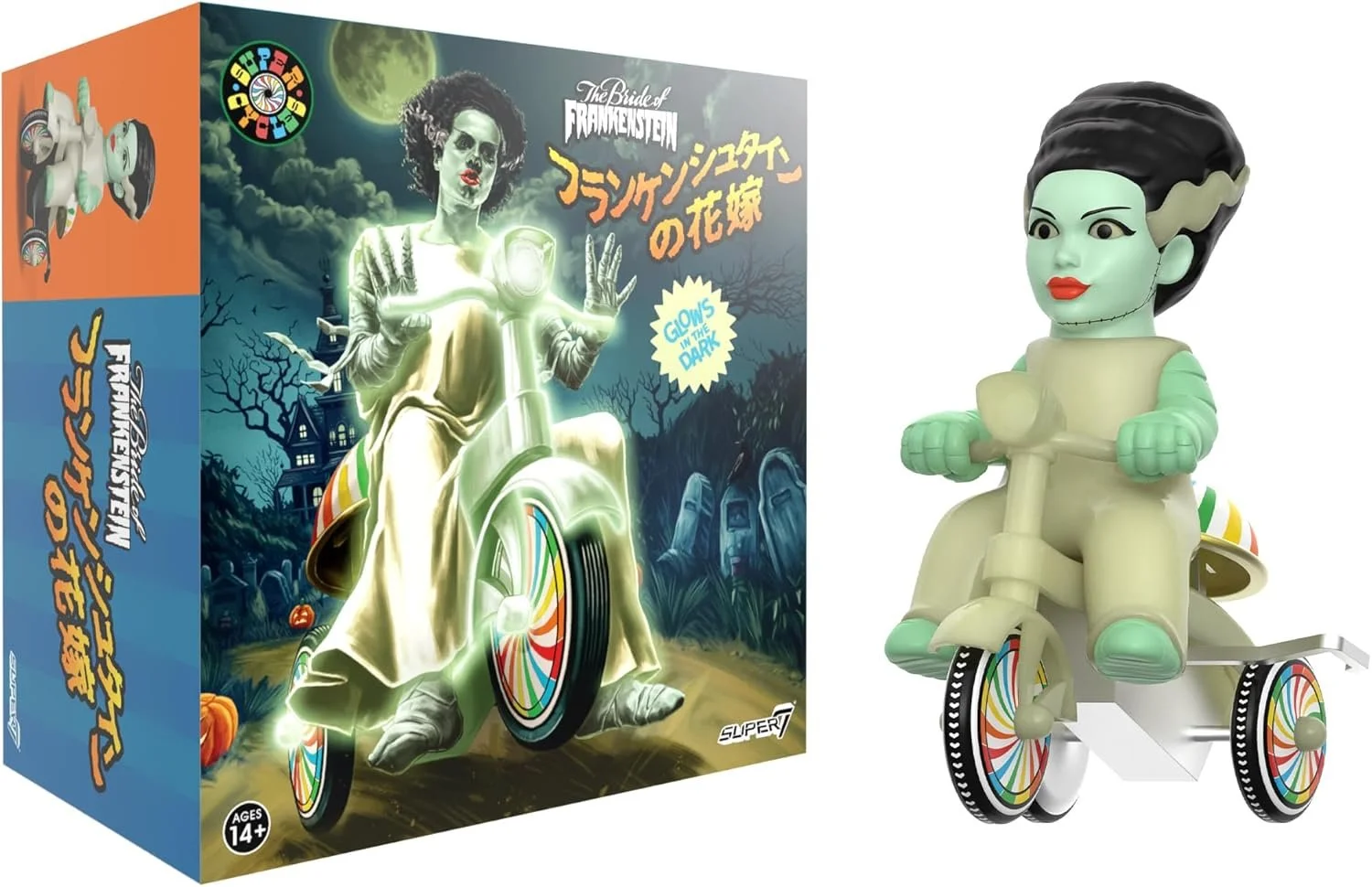 Super7 Super Cycles Universal Monsters Bride of Frankenstein with Wind-Up Glow Trike