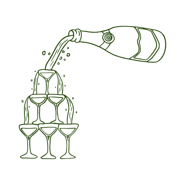 A line drawing of a bottle pouring liquid into a pyramid of champagne glasses.