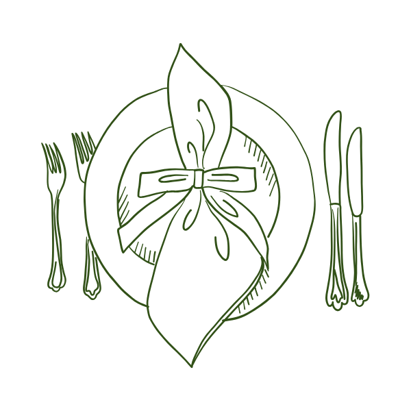 Line drawing of a table setting with a plate, napkin, and cutlery on either side, on a black background.