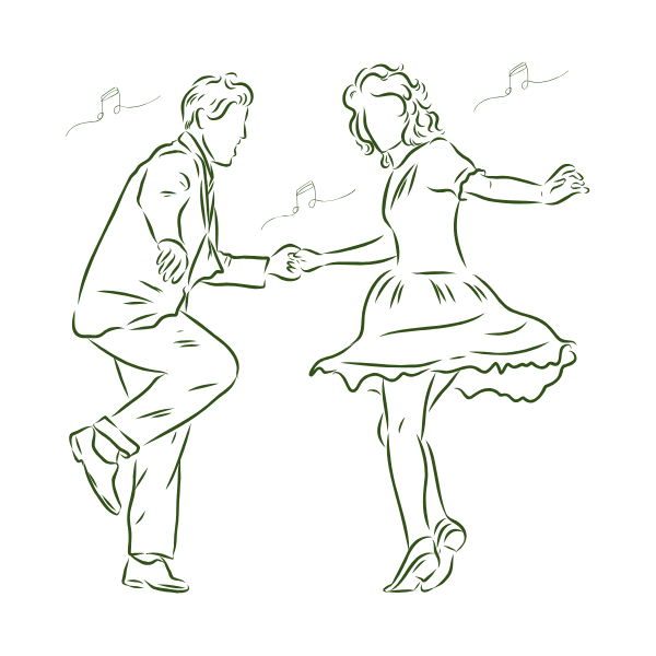 Green neon outline of a man and woman dancing together with musical notes in the background.