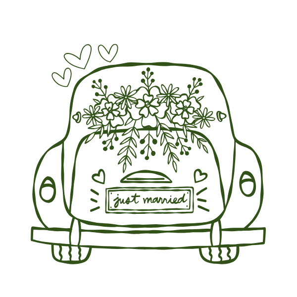 A line drawing of the back of a car with a large floral arrangement on top and a "just married" sign on the rear window, surrounded by hearts.