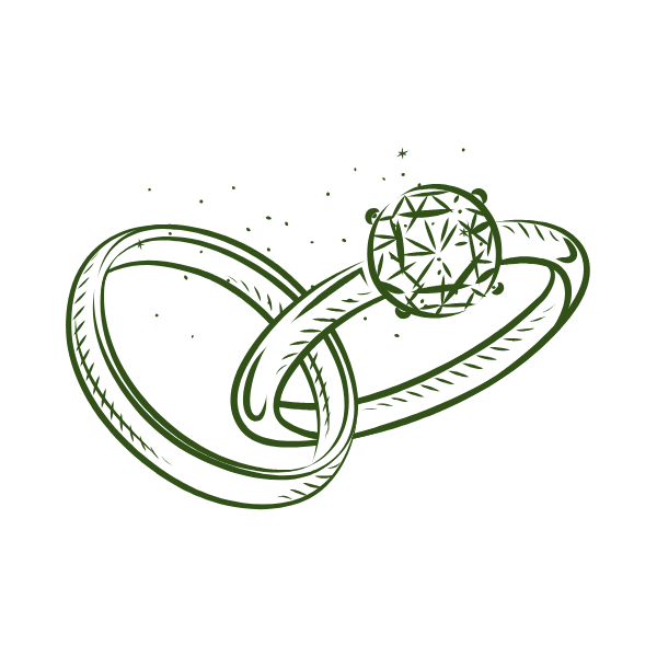 Illustration of two intertwined rings with a large gemstone, surrounded by small stars or sparkles.