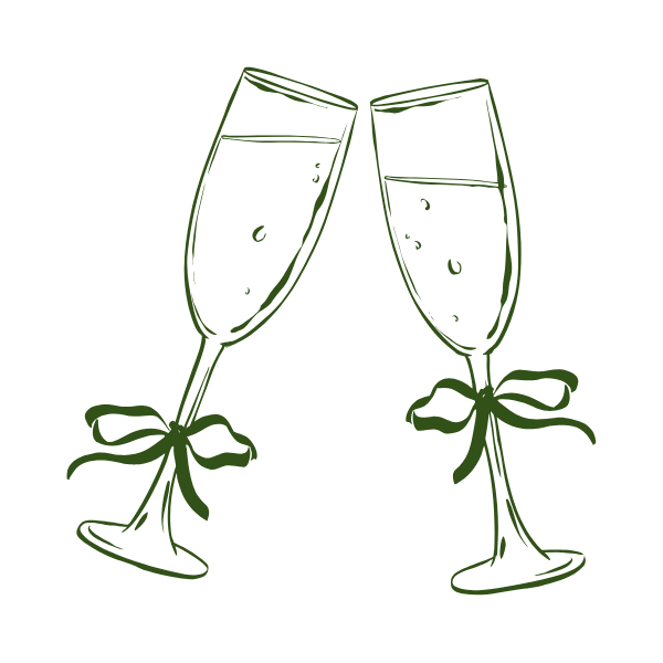 Line drawing of two champagne glasses with bows, clinking together.