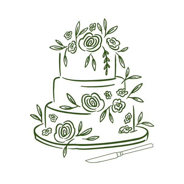 Outline drawing of a three-tiered cake decorated with flowers and leaves, with a serving knife at the base.