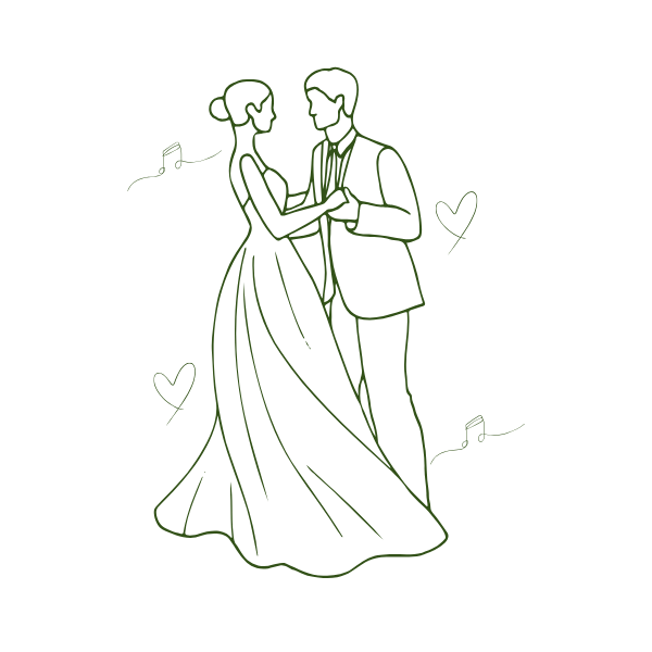 Line drawing of a couple dancing, with musical notes and hearts around them, on a black background.