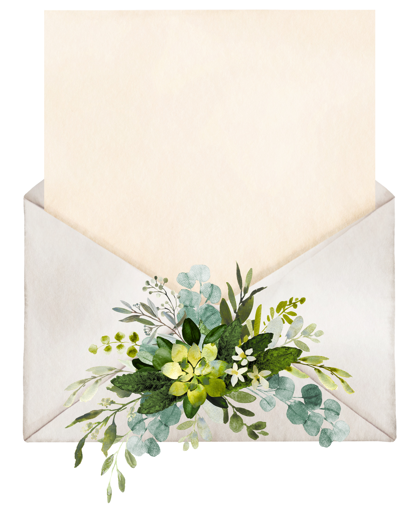 A cream-colored envelope with a sprig of green eucalyptus and foliage decoration at the bottom.
