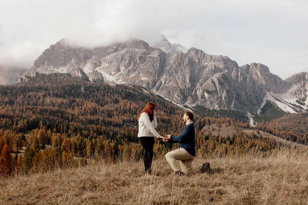 A man proposing to a woman in a mountainous landscape with trees and grass, overcast sky, and rocky mountain peaks in the background.