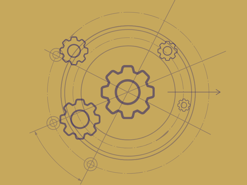 Blueprint line drawing of gears and technical schematics on a gold background.