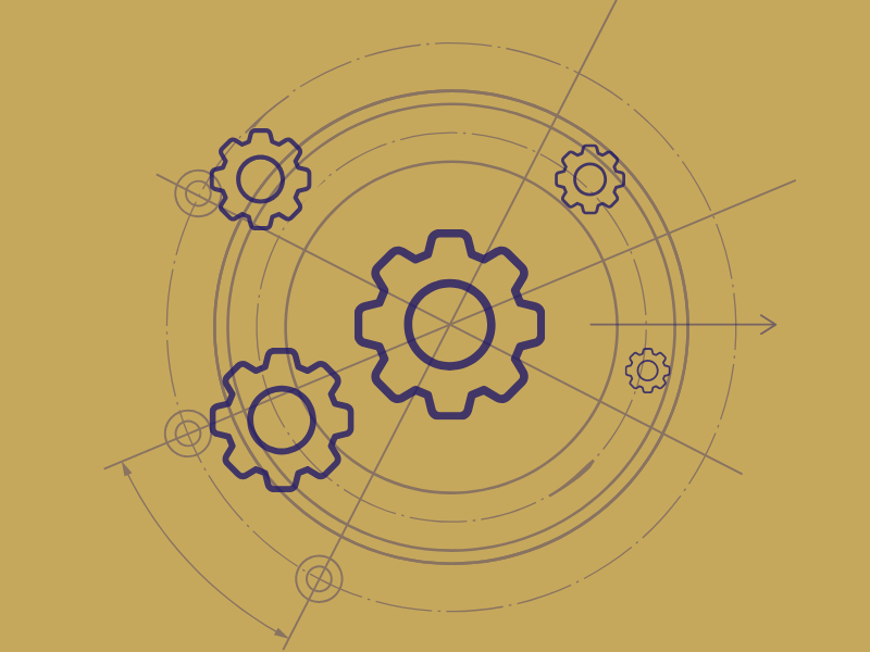 Illustration of four dark blue gears with technical schematic lines and circular patterns on a mustard background.