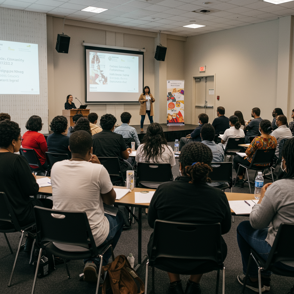 A woman is speaking on stage to an audience in a conference room while a woman stands at a podium. There are two large screens displaying a presentation, and the room is filled with attendees seated at tables, some taking notes and listening attentively.
