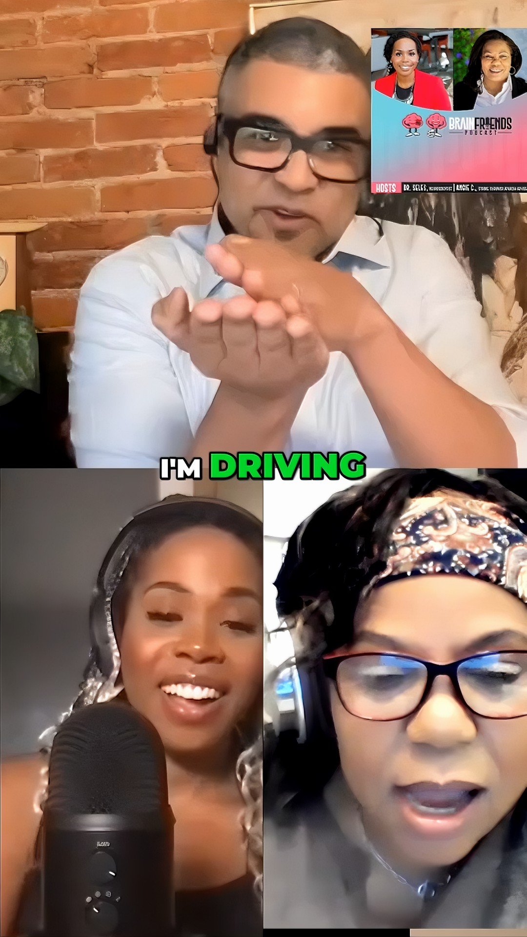 A split-screen photo of three people participating in a virtual meeting or podcast. The man in the top left, wearing glasses, is in a room with a brick wall background. The woman in the bottom left has long curly hair and a headset with a microphone,