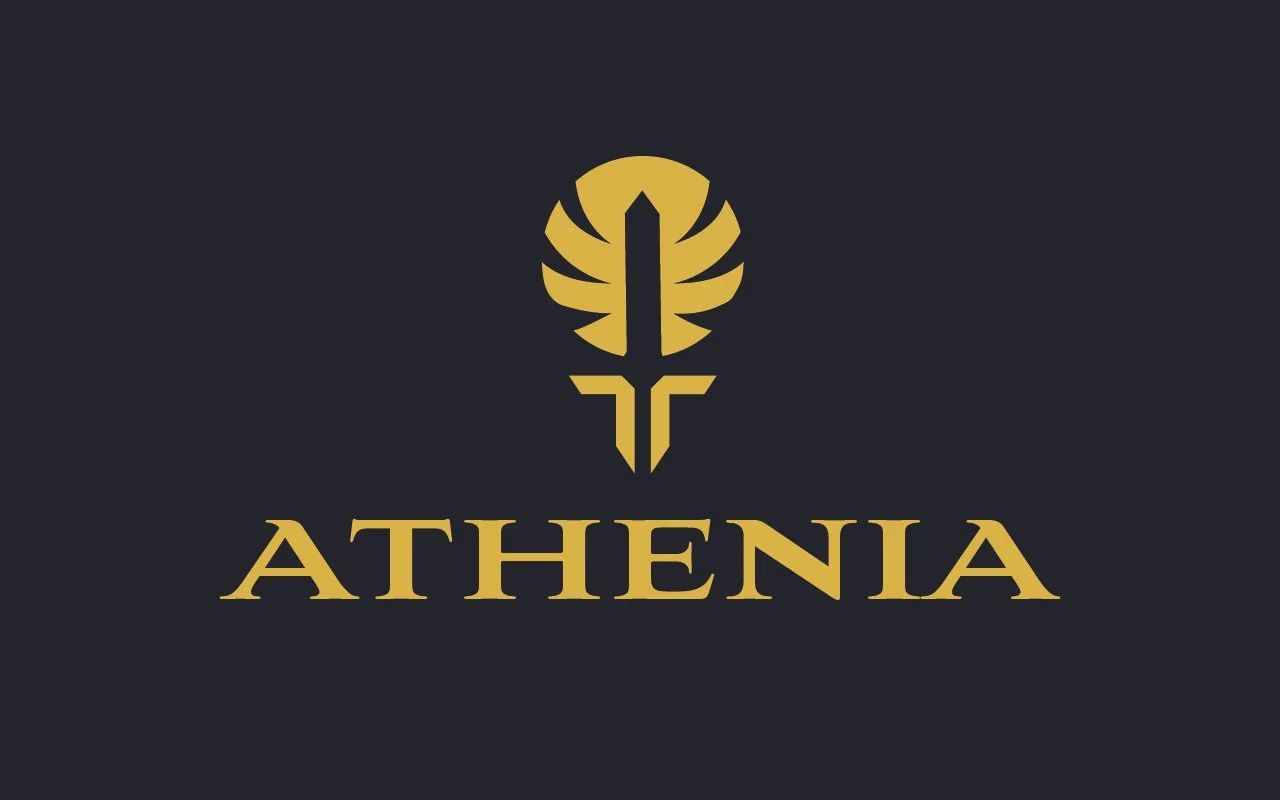 Black background with a gold logo resembling a stylized owl or face, and the word "ATHENIA" in gold capital letters below it.