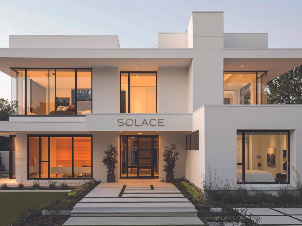 Modern white house with large glass windows, minimalist design, nameplate that reads 'Solace', and landscaped front yard with a pathway.
